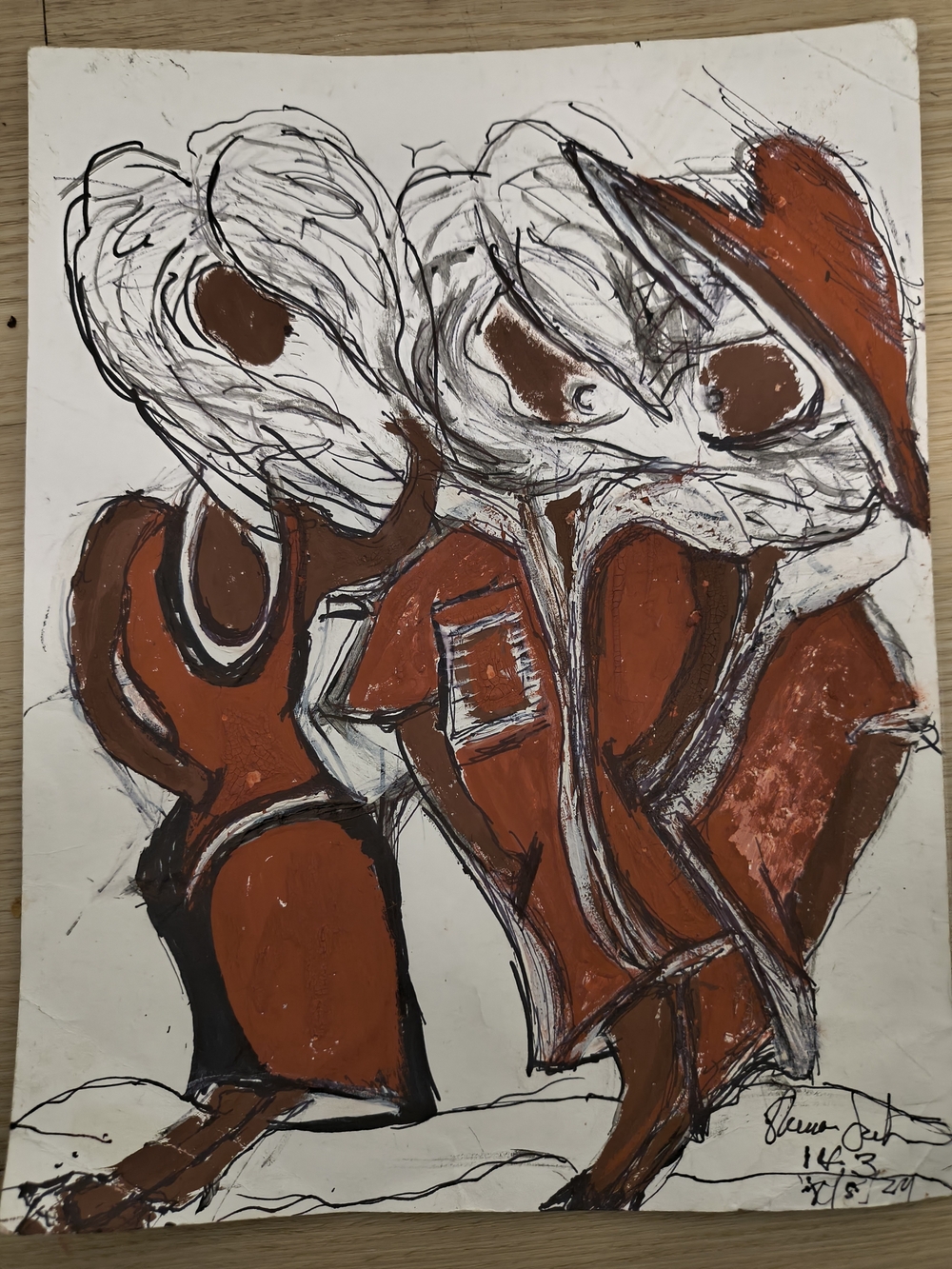 Original Figurative Drawing in Brown & White